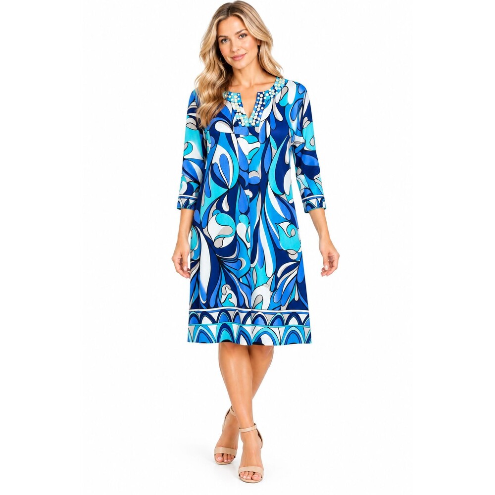 New Chico's Beaded Swirl Dylan Dress Size Large (2) Blue Abstract Print Coastal